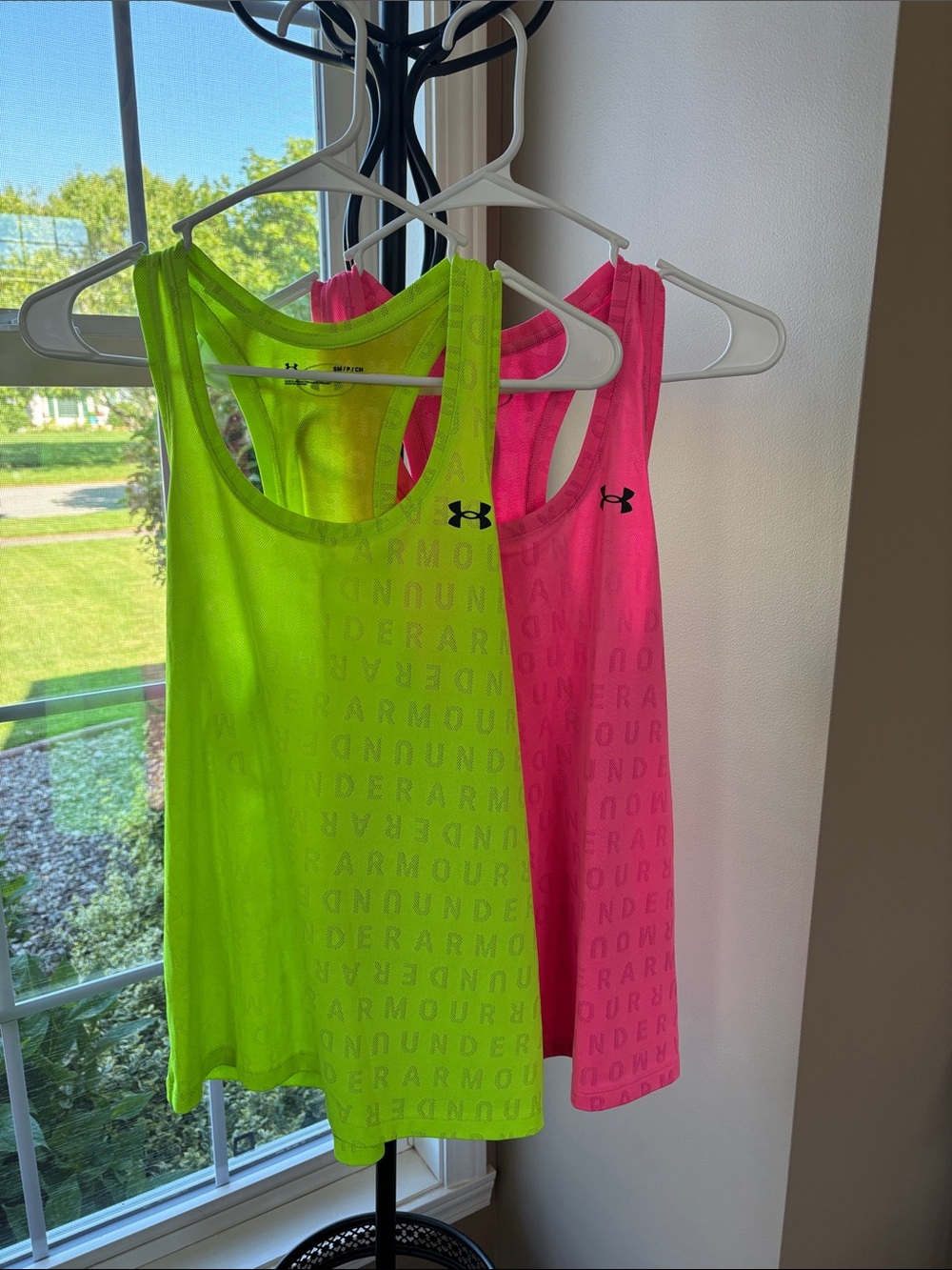 2 Under Armour Racerback Tank Tops - Neon Green & Hot Pink - Picture 2 of 8